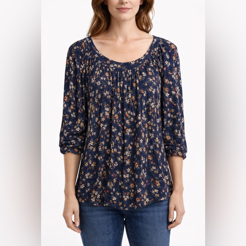 Dalia Women’s Floral Blouse Size Medium Navy Blue 3/4 Sleeve Lightweight Top